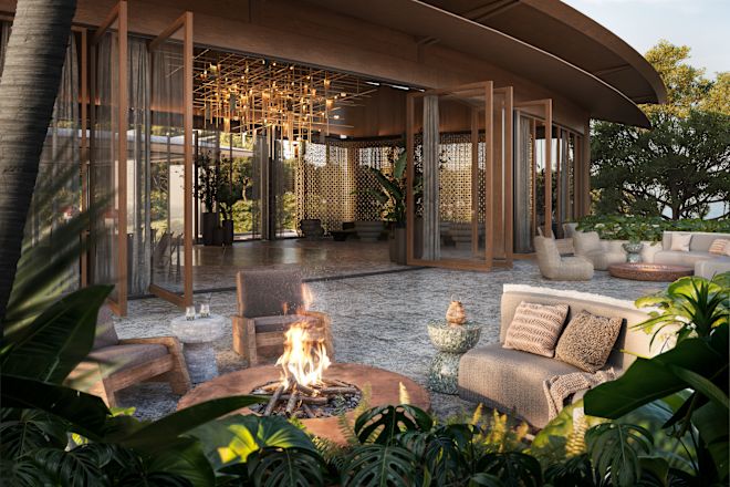 Outdoor seating with trees and bushes