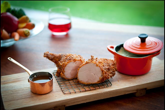 fried chicken, BBQ sauce, pot of vegetables,