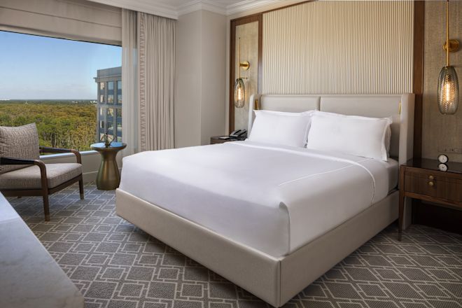 kamar tamu, 1 tempat tidur king, kursi lounge, pemandangan jendela pepohonan