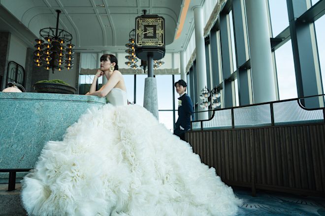 Bride and groom in lobby.
