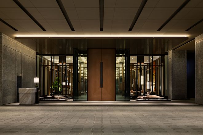 Entrance  of hotel with glass doors