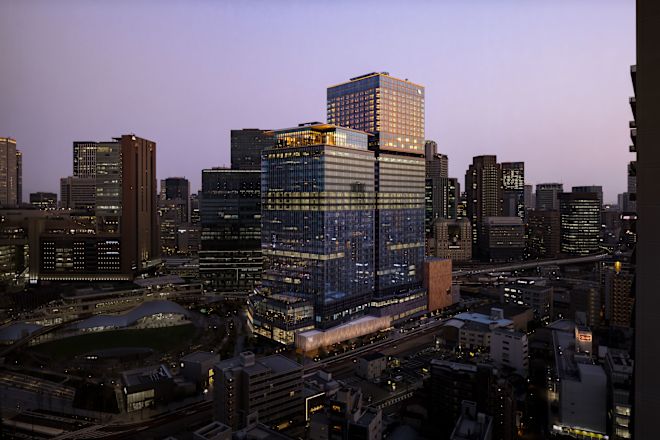 hotel exterior at dusk