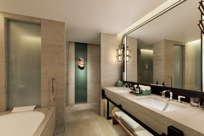 bathroom woth large mirror and vanity area