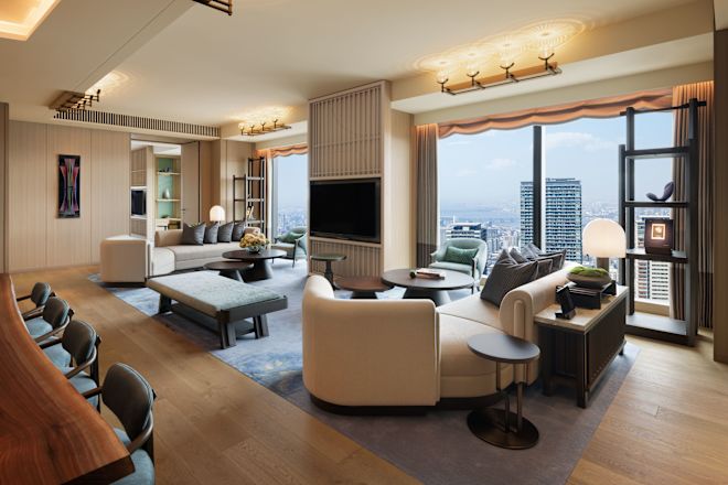 guest suite lounge area, window view of the city