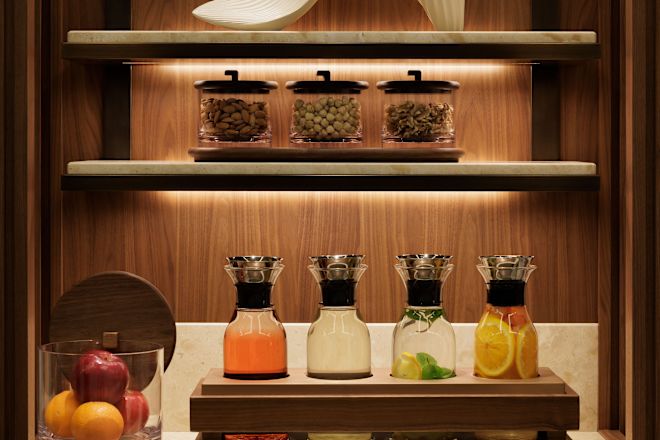 spa refreshments, crafts of juices, fruit bowl, containers with peanuts