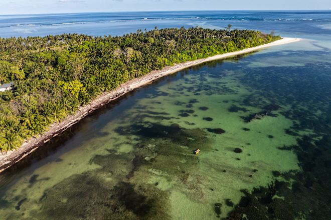 Küste der Insel mit Strand-, Meer- und tropischen Bäumen