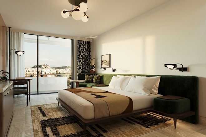 Zimmer mit Doppelbett, Nachttischen, Fernseher und Balkon