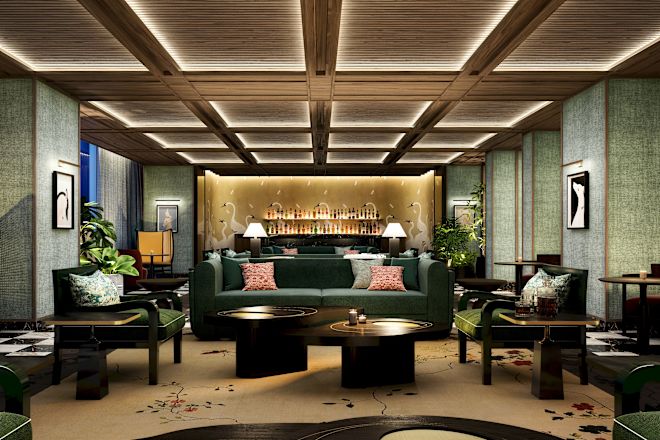 Bar Area At Night With Seating