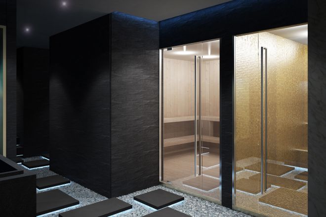 Vue du sauna et du hammam depuis le passage de la zone thermale