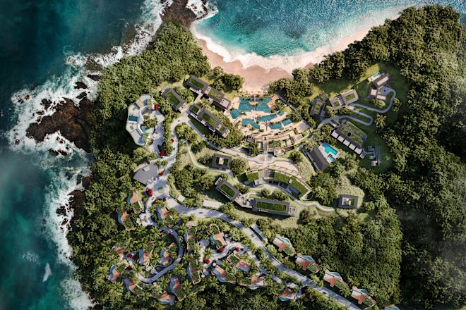 Overhead view of property showing buildings, trees and shoreling