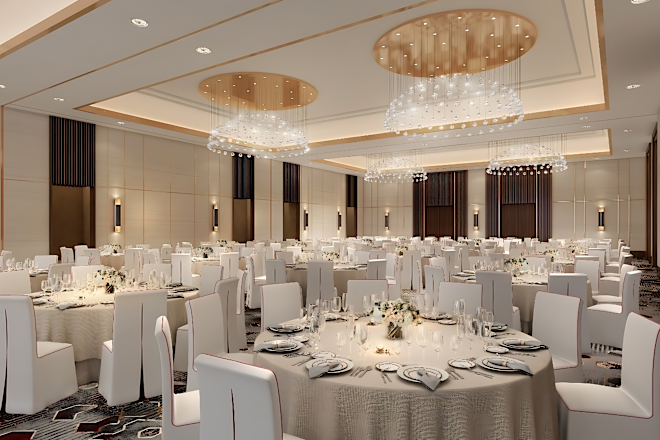 Бальный зал, элегантное оформление зала для проведения мероприятий