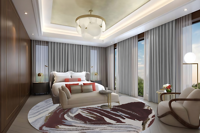 Изображение гостиничного номера с кроватью, диваном, креслом и большими окнами