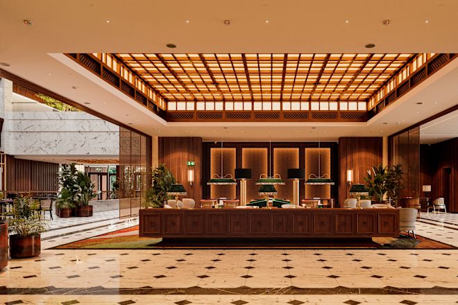 Уникальный дизайн вестибюля, стойка регистрации