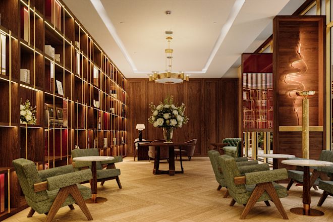 Зона отдыха в вестибюле в стиле библиотеки