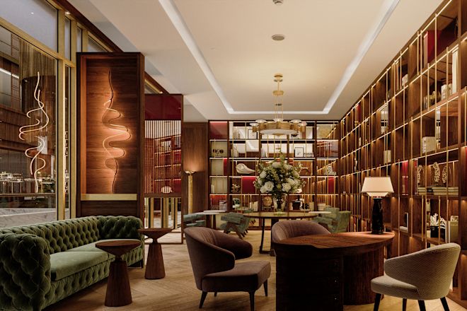 Зона отдыха в вестибюле в стиле библиотеки