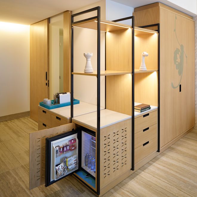 bookshelf, mini refrigerator