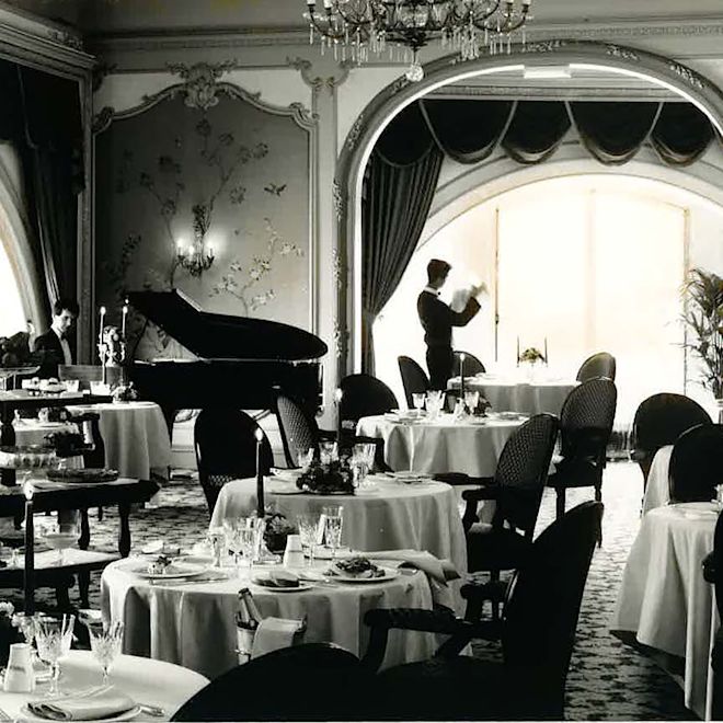 Old shot of Pompadour restaurant with waiter