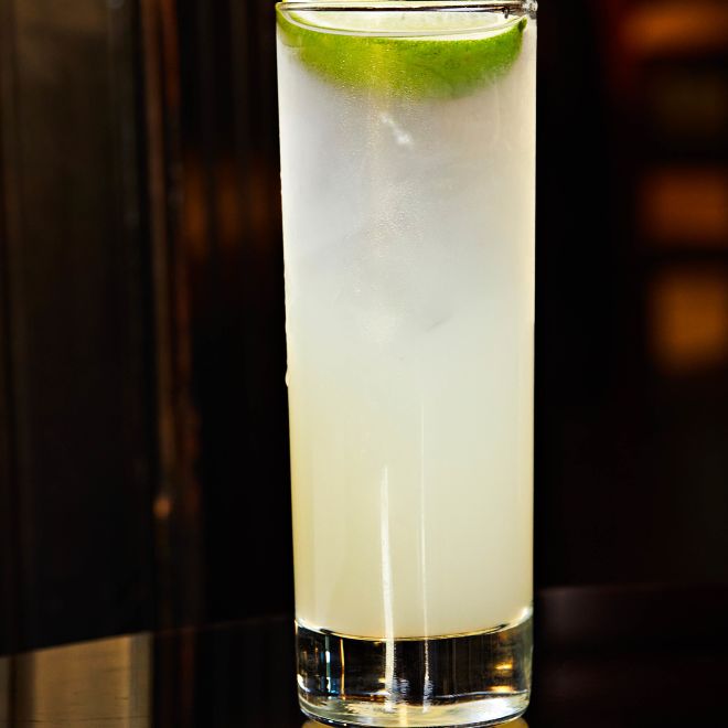 Tall gin based drink with a lime slice
