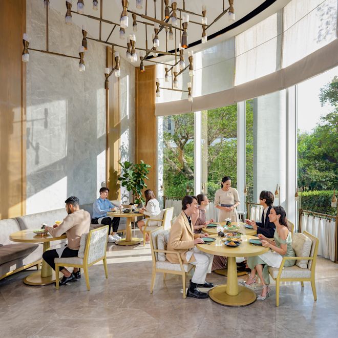 Restaurant area with tables and chairs