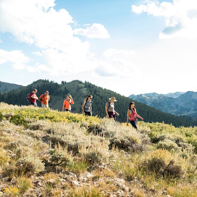 Un grup de oameni care se bucură de o drumeție într-o zi însorită