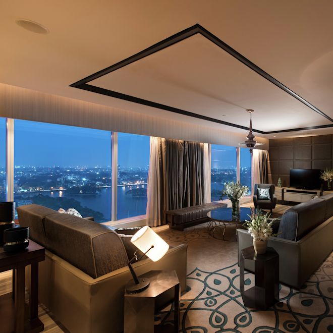 Guest Presidential Suite Lounge Area with Sofas and Outside View