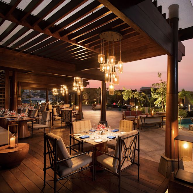 Outdoor Patio Dining Area at Dusk