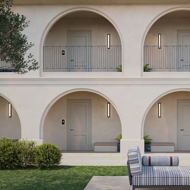 วิวด้านนอกของโรงแรมของทางเดินของแขก