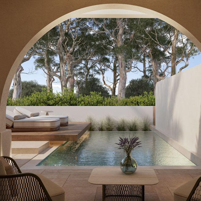 วิวสระว่ายน้ําส่วนตัว ลาน และเก้าอี้เลานจ์จากห้องพัก