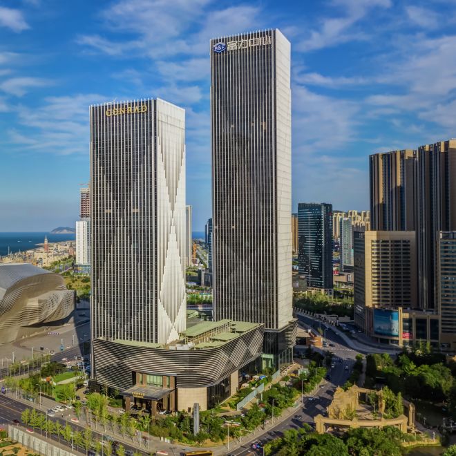 Hotel exterior with buildings and road