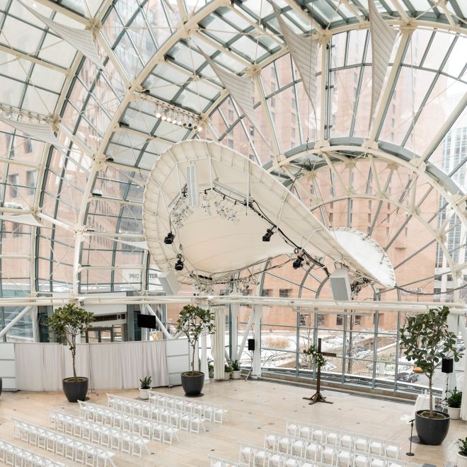 events venue in atrium with rows of chairs
