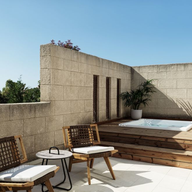 Private Outdoor Pool with Sitting Area in a Hotel Suite