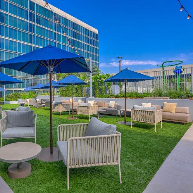 Terrace Seating Area with Umbrellas