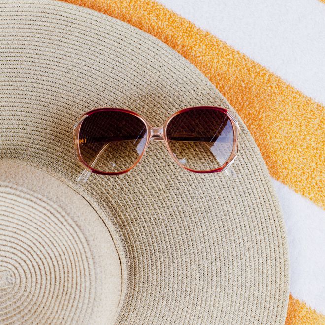 Pair of sunglasses sitting on hat