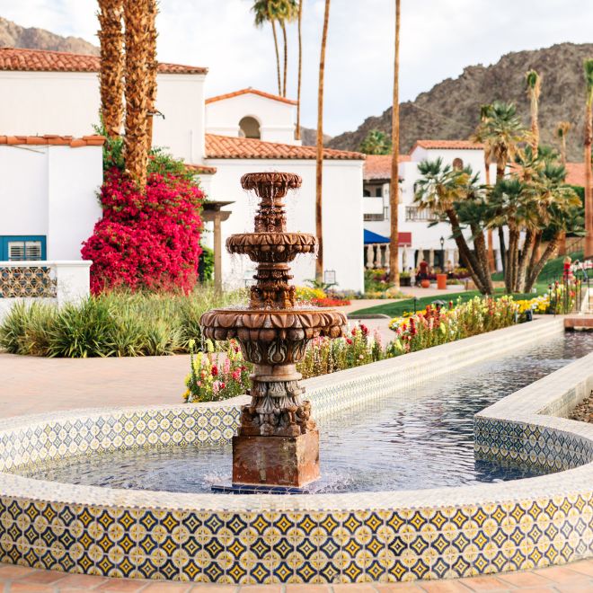 Water feature with building in background