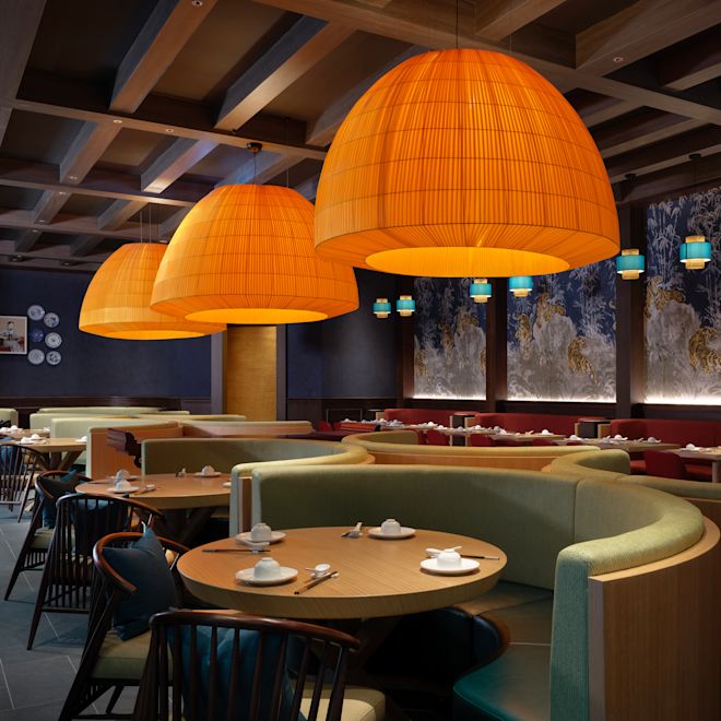 مقصورات غرفة تناول الطعام في مطعم هونج بان، وأضواء برتقالية معلقة