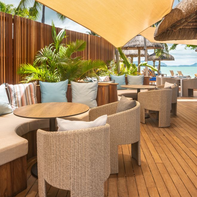 Comfortable seating area with tables and chairs