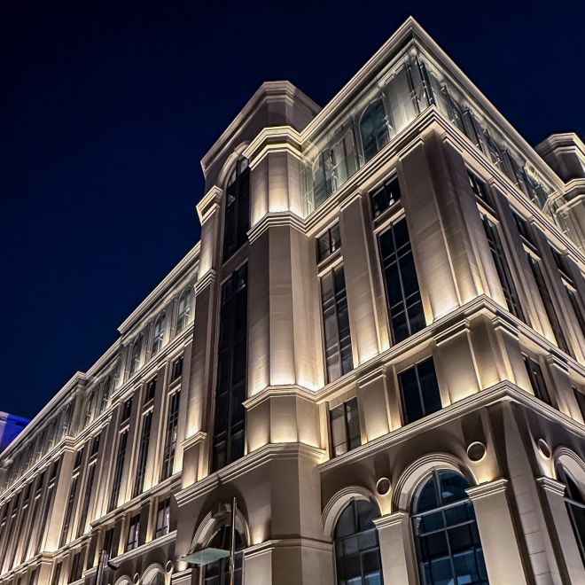 Hotel exterior with lighting
