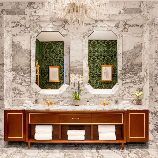 Imperial Suite Dual Vanity Area with Folded White Towels