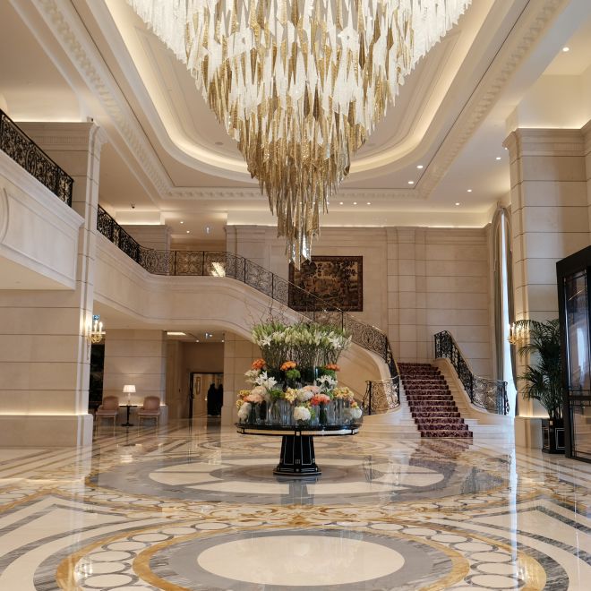 Lobby area with chandelier