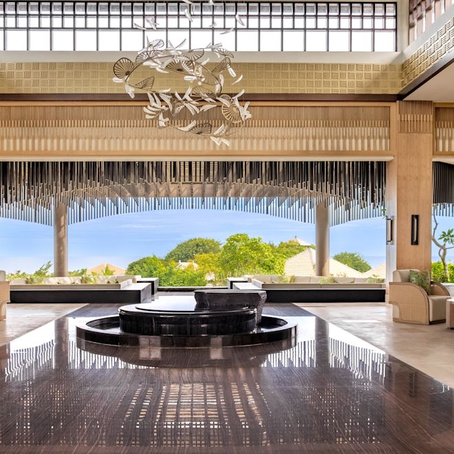 Lobby area with chandelier