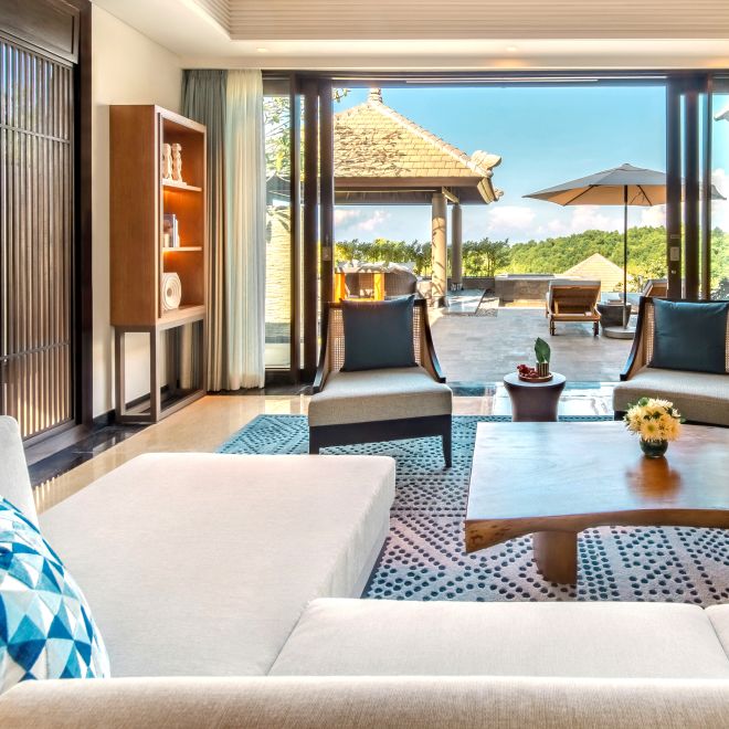 Lounge area with comfortable seating and table