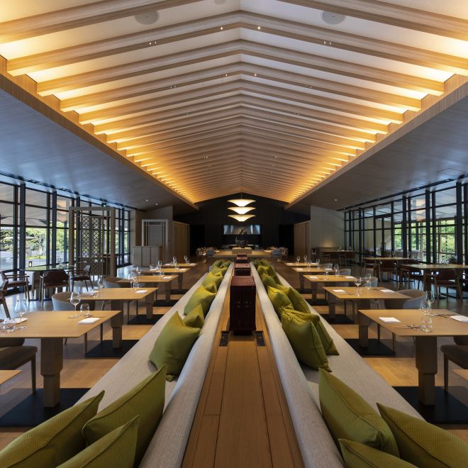 Restaurant area with tables and chairs