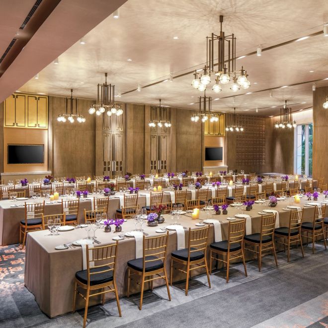 Three Rows of Long Tables with Banquet Seating in Camellia Room