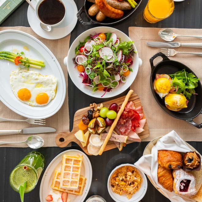 table with breakfast food at the brasserie
