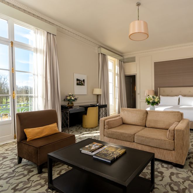 apartament junior, canapea, scaun, masă de cafea, birou de lucru, pat king, vedere spre fereastră a curții