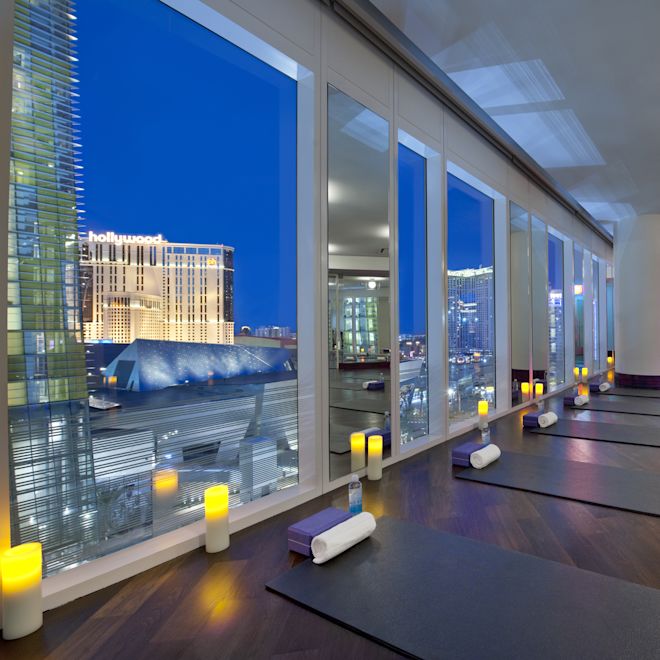 Yoga Mats and Towels in Studio with Night View of Las Vegas
