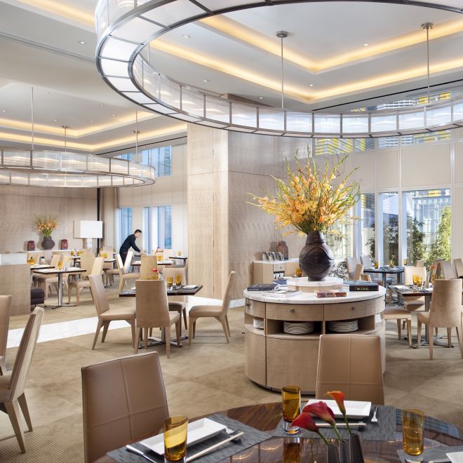 Restaurant Seating Area with large light fixture