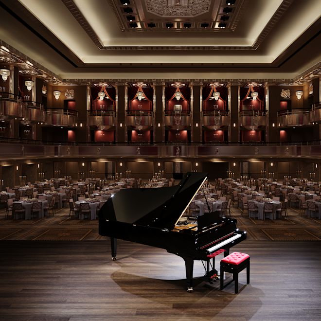 grand ballroom with grand piano on stage