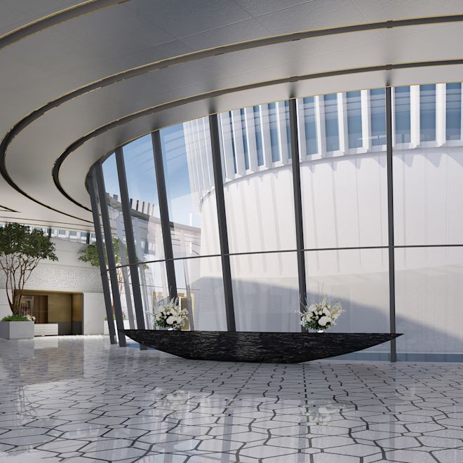 Aperçu de l'intérieur de l'hôtel avec des fenêtres donnant sur une architecture unique