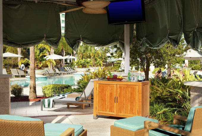 Covered Pool Side Cabana with Television, Lounge Chairs, Snacks and Beverages